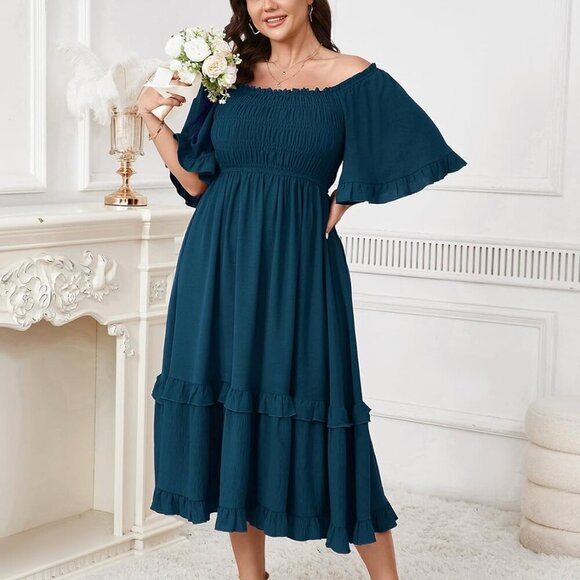 Women's Plus Size Maxi Dress Polyester Square Neck Short Sleeves Elegant - Picture 2 of 7